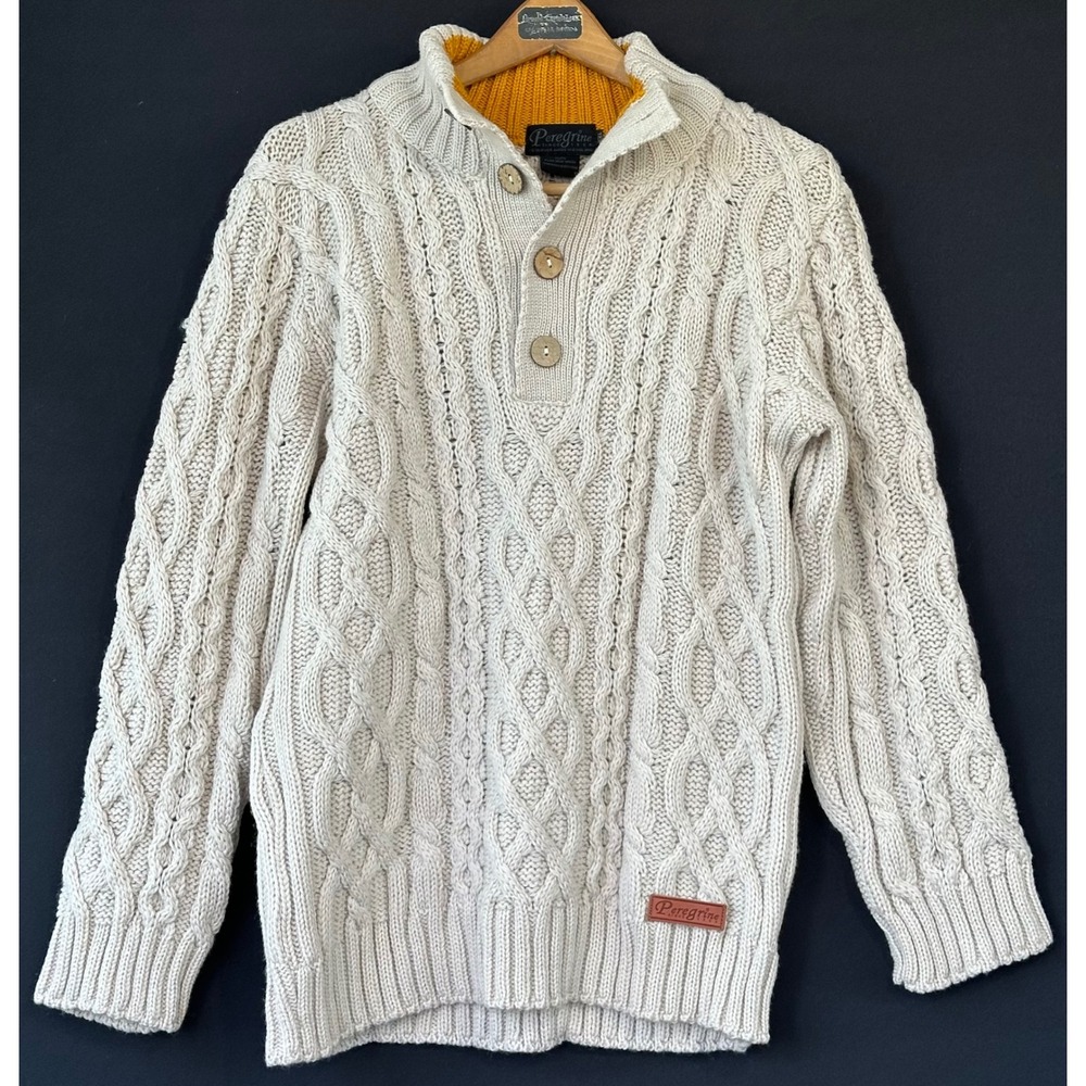 Peregrine Cable Knit Wool Button Sweater Mens XXL Cream Excellent
